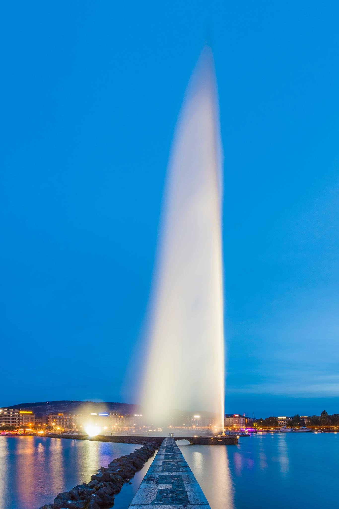 Geneva skyline with Jet d'Eau fountain and Lake Geneva Switzerland